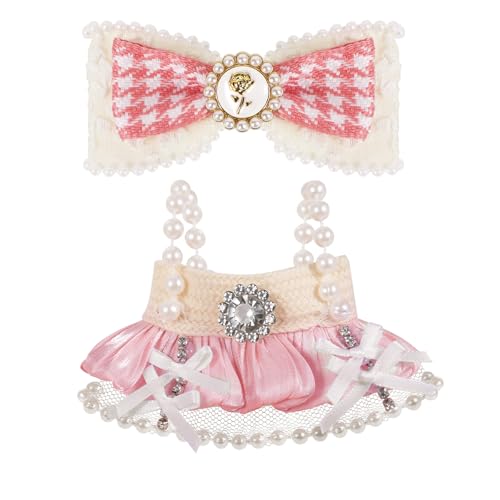 Bekleidung für 17 cm Plüschtier Puppen, Puppenkleidung Set mit Rosa Kleid & Haarschleife, Kuscheltier Kleidung Outfit Zubehör Set DIY Blind Box Puppe als Kinder Geschenke (Puppe Nicht enthalten)