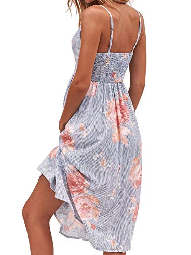 Image of FANCYINN Womens Tie Front Button Down A-Line Dresses Summer Spaghetti Strap Midi Dress Floral Prints