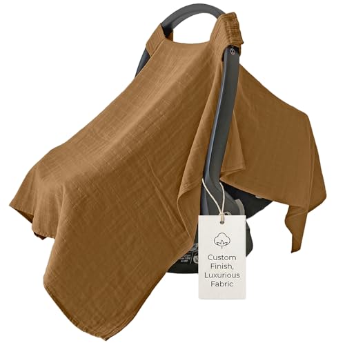 Image of MOZAH Baby Car Seat Cover - Caramel Toffee - 100% Organic Muslin - Soft, Breathable and Lightweight, Baby Infant Car Seat Essentials