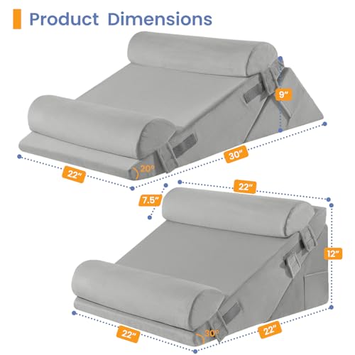 Image of Sasttie Wedge Pillow Set for After Surgery, 3PCS Adjustable Bed Wedge Pillow Headboard with Memory Foam Neck Cushion - for Acid Reflux, Sleeping, Neck & Back Support, Velvet & Light Grey