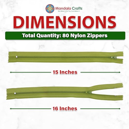Image of Mandala Crafts 80 PCs Dill Green Closed-End 15 in Nylon Zippers for Sewing