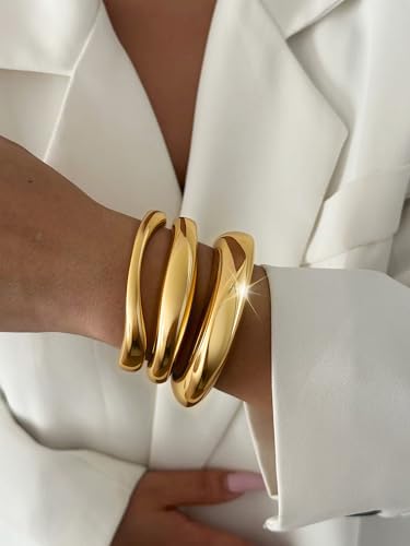 3Pcs Chunky Gold Bangles Bracelets for Women, Spring Hinged Bangles Stackable Set, Trendy Cuff Bracelet Fashion Jewelry Gifts2