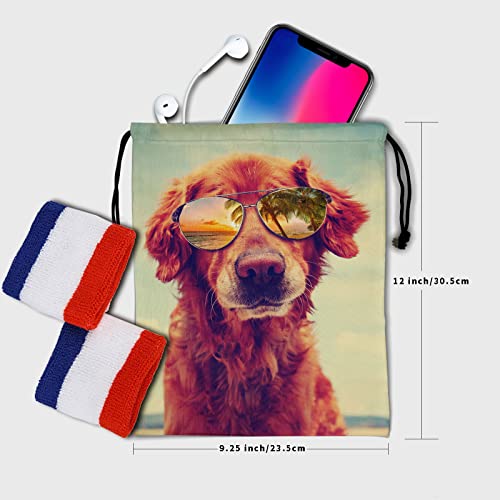 Image of Nerxy Summer Dog Gymnastics Grip Bag - Beach Golden Retriever Grips Bag with Glasses Drawstring Storage Pouch Adjustable Polyester Towel
