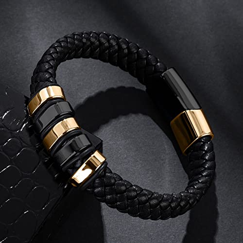 Ljwvx Black Genuine Leather Bracelet For Men Son Boys Braided Leather Cuff Wristband Gold And Black Stainless Steel Magnetic Clasp 8.5 Inches #TOP1