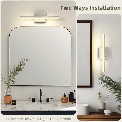 Image of Brushed Nickel Vanity Lights - Dimmable 5CCT Bathroom Lighting Fixtures Over Mirror, Adjustable Angle Wall Light, 15.75 inch Long 12W LED Bar Light