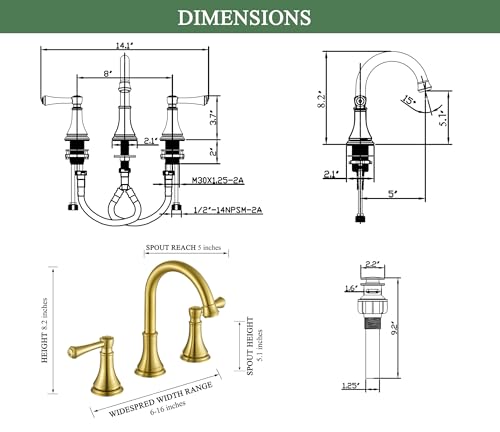 TimeArrow Brushed Gold 8 inch Widespread Bathroom Sink Faucet 3 Holes with Pop-Up Drain, 2 Handle Modern Bathroom/Vanity/Lavatory Faucet with Brass 360° Swivel Spout, TAF830Y-PB thumbnail 2