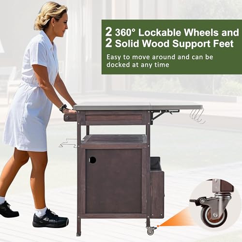Image of Merax 40.5 inch Outdoor Grill Cart with Stainless Steel Top, Solid Wood Outdoor Storage Cabinet with Drop Leaf, One Drawer, Towel Rack, Rolling Kitchen Cart with Lockable Wheels for Lawn Garden, Brown