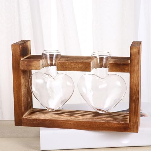 Jarrones de vidrio con forma de corazón jojofuny y soporte de madera retro 8