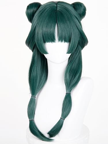 Image of Half and Half Maomao Cosplay Wig with Double Buns & Bangs, 19'' Long Dark Green Anime Ponytails Wigs Pigtail Hair Wig for Women Halloween Party Daily