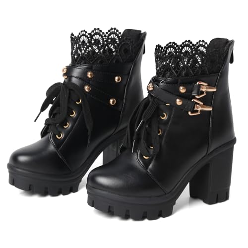 Goth Boots Chunky Heel Boot For Women Ankle Combat Booties Black Platform Bootie Buckle Rivets Punk Goth Shoes With Zipper