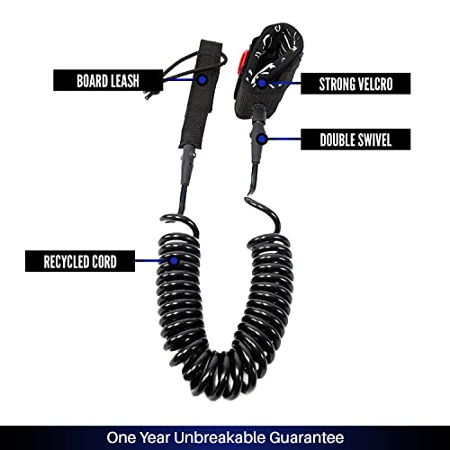 Wave Tribe Eco Sup Surfboard Leash - 10' Premium Sup Coil Leash, Strong Like Bull Paddleboard Leash With Double Stainless Steel Swivels, Triple Rail Saver, Key Pocket (Black) #TOP2