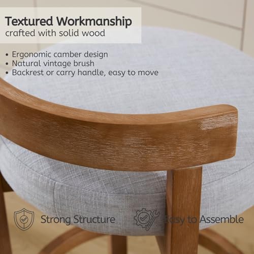 Image of LukeAlon Mid Century Linen Counter Stools Set of 2, Upholstered 26.5 inch Seat Height Low Barstools with Natural Wood Legs Round Low Back Kitchen Stool with Footrest for Dining Room Pub Island, Light Grey