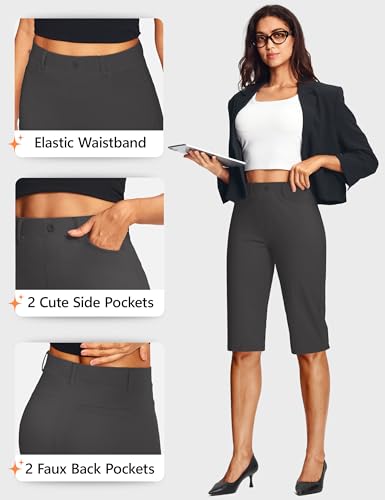 Image of ISEEGZ 14'' /18 inch Capri Pants for Women Dressy Stretch Pull On Womens Capris with Pockets Petite Summer Office Work Casual