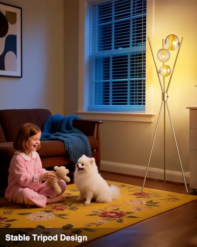 Image of Lightdot Dimmable Tripod Floor Lamp Gold Art Deco Floor Lamp with Brown Globe Glass Lampshade 3Pcs Bulbs Included Tripod Standing Lamp for Living Room /Bedroom /Sofa Beside /Corner Decor