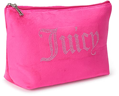 Juicy Couture Hot Pink Makeup Bag Cosmetics Organizer Travel Essentials Zip Top Wedge Velour Rhinestones