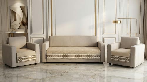 Image of KINGLY Sofa Cover for 4 Seater | Quilted Velvet Seat Cover | Anti-Slip Sofa Mat with Back Elastic | Thick Fabric Sofa Protector | Washable Couch Cover | Cream Beige