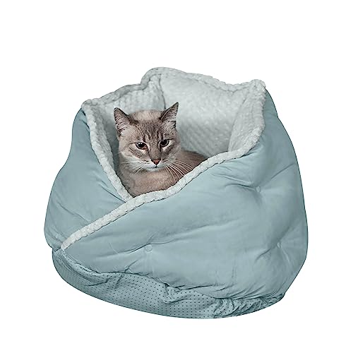 FurHaven Pet Bed for Cats and Small Dogs - Minky Plush and Velvet Wraparound Calming Hug Bed, Washable, Aquamarine, 18-Inch