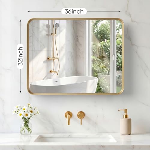 Image of Sweetcrispy Bathroom Mirror 36x32 Inch Metal Framed Rounded Rectangle Vanity Mirror for Wall, Over Sink, Farmhouse, Restroom, Anti-Rust, Modern Decorative, Horizontal or Vertical Hanging, Gold