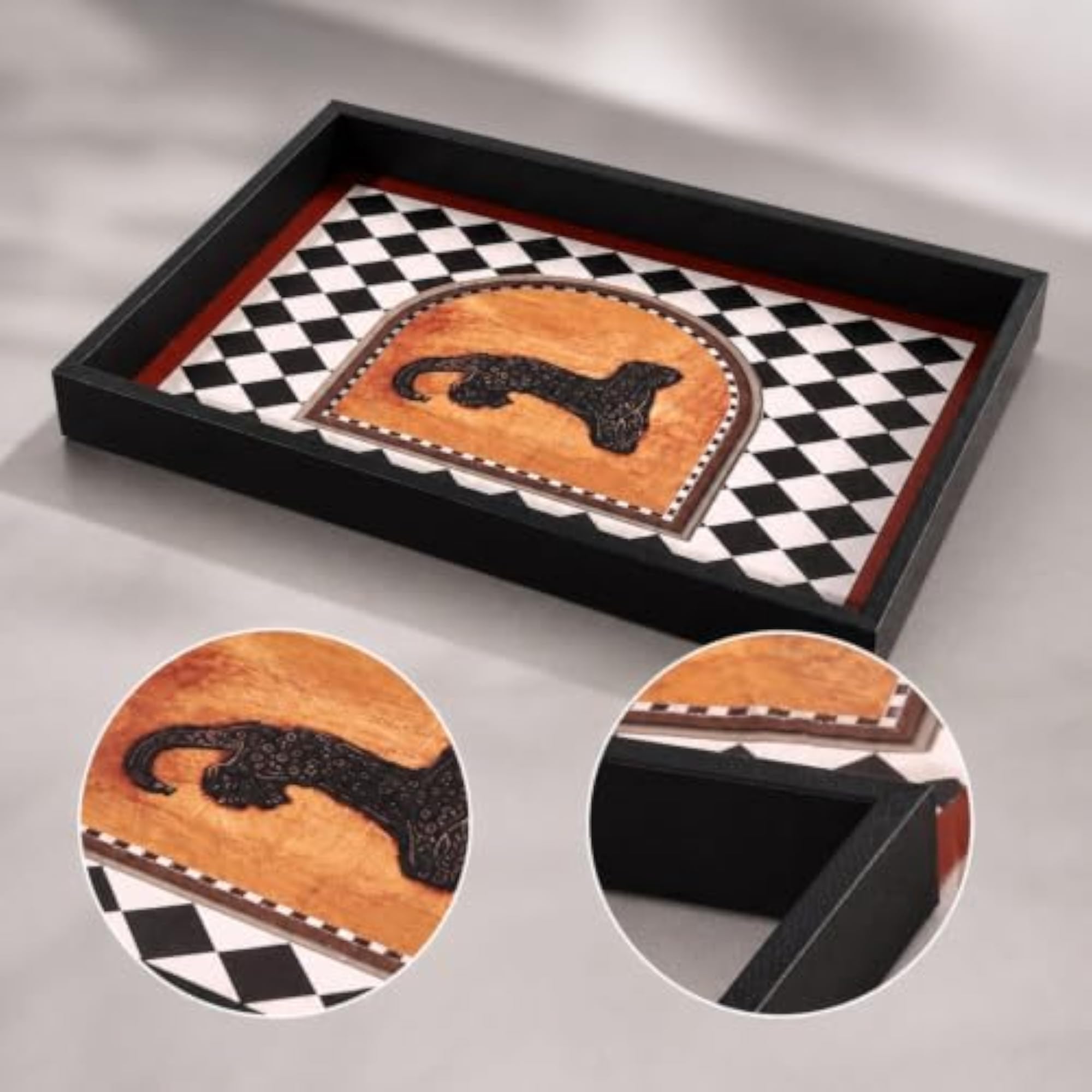 Stylish Rectangular Desktop Storage Tray, Checkerboard Motif