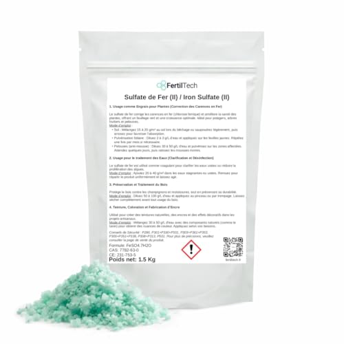 FertilTech Sulfate de Fer (II) 1.5 kg - Engrais Anti-Carence en Fer pour Plantes, Pelouse, Potager - Clarification Eau, Traitement Bois & Anti-Mousse Écologique