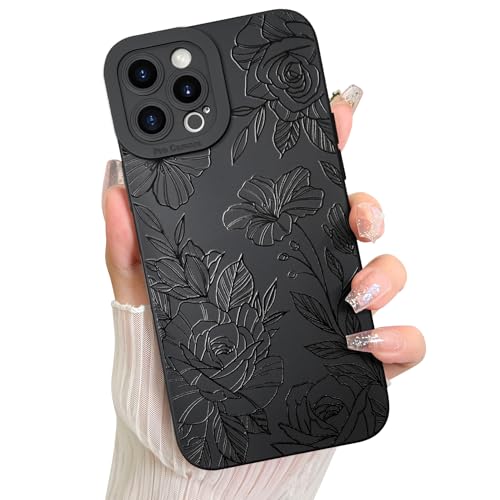 LSL Case for iPhone 12 Pro Max Black Floral Flower Pattern Print Design Soft TPU Full Camera Lens Anti-Drop Anti-Scratch Shockproof Protective Slim Cover for Women Girls