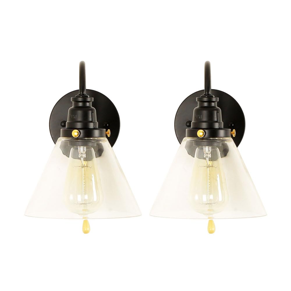 HXYSXHJUO Wall Lamps for Bedroom,Industrial Sconce 2 Pack Light with Pull Cord Switch Glass Mount Lamp Bedside Sconces Lighting Fixture Hardwired Lights Living Room Farmhouse