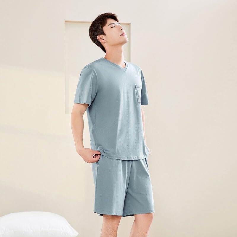 Qianxiu Mens 100% Cotton pajamas set Short Sleeve Pyjama V-Neck Nightwear Sets Lightweight Pj's Sleep Sets2