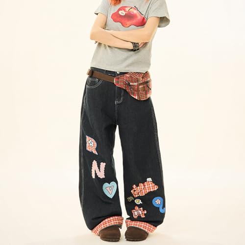 Y2K Fashion High Waist Straight Leg Jeans for Women Cute Printed Plaid Casual Baggy Denim Pants2