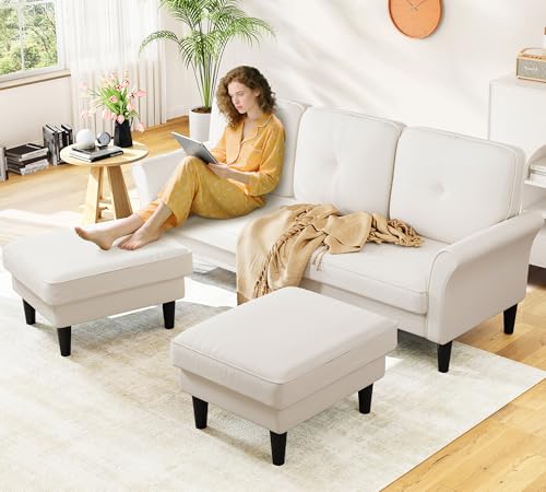 Image of Small Sectional Couch, 83 inch U Shaped Couch, Comfy Velvet Couches for Living Room, Tool-Free Setup Modular Sectional Sofa, 850lbs Load Sofas for Living Room with 2 Movable Ottomans, White Couch