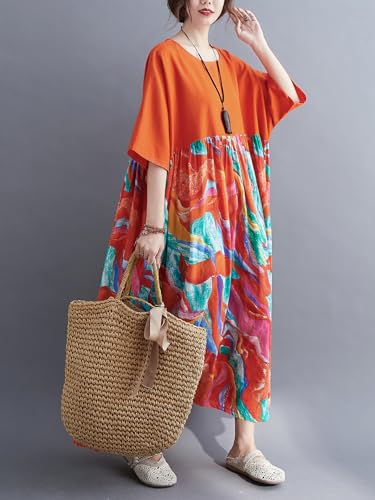 Image of Women's Oversized Dress Plus Size Summer Dress Artsy Print Pathwork | Loose, Oversized Cut Baggy Dresses. O Neck with Pockets. Breathable Viscose Fabric for Summer. Colorful Print Patchwork