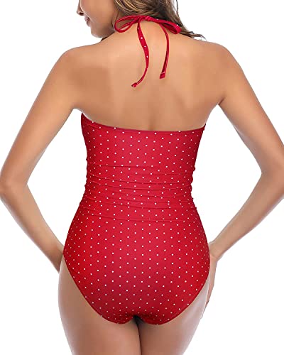 Tempt Me Women Red Polka Dot Sexy Cutout One Piece Swimsuits Tummy Control High Waisted Halter Front Tie Knot Bathing Suit L #TOP1
