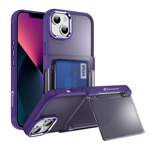 Image of KARWAN Shockproof Translucent Cardholder Back Case Cover Compatible with iPhone 13 Hybrid with Strong Minimalist Design (Purple)