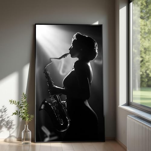 Peinture musique jazz saxophone toile noir et blanc 50x90cm