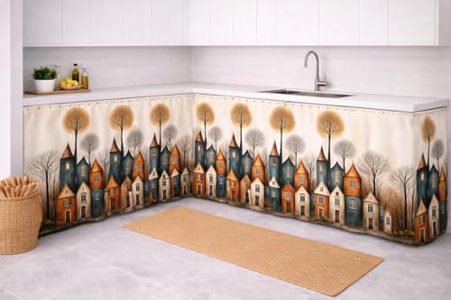 Image of Premium Printed Kitchen Sink Curtain | Washable & Dustproof Rod Pocket Counter Skirt | Perfect for Any Sink,Counter | Multicolor Cooking (City, Pack of 2)