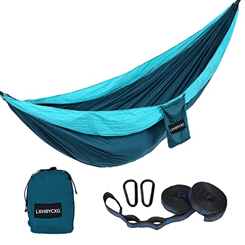 Camping Hammock Double & Single Portable Hammocks Ultralight Nylon Parachute Hammocks with 2 Tree Straps for Backpacking, Travel, Beach, Backyard, Camping, Hiking (Large, Peacock Blue & Peacock Green)