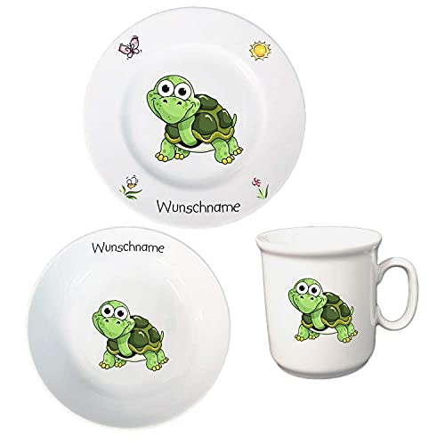 Kindergeschirr personalisiert - Frühstücksservice 3-tlg. Porzellan Teller Becher Schale personalisierbar mit Wunschname Name Frühstücksset mit Namen personalisiert (Schildkröte)