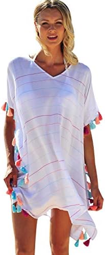Merciy Boho strandponcho voor dames, zomerjurk, poncho, kaftan, strandjurk, bikini, tuniek, cover-up, wit, Eén maat