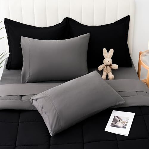 DOWNCOOL Full Size Comforter Sets, 7Pcs Full Size Bedding Sets Black/Grey, All Season Down Alternative Bedding Comforter Sets with Comforter, Flat Sheet, Fitted Sheet, 2 Pillow Shams & 2 Pillowcases