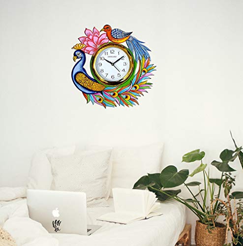 Image of Wooden Handmade Round Vintage Peacock Analog Wall Clock for Home Decor & Living Room