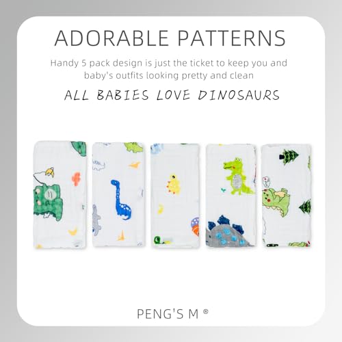 PENG'S M Baby Muslin Burp Cloths 5 Pack Dinosaur Burping Rags Super Soft Face Towel 100% Organic Cotton 20x10 Inches2