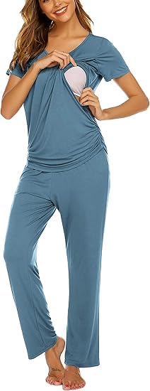 ELESOL Women's Maternity Nursing Pajamas Set Breastfeeding Sleepwear Double Layer Short Sleeve Top & Pants Pregnancy