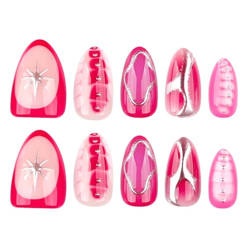 Image of Pink Press on Nails Silver Line Fake Nails with Alligator Print Design Short Almond False Nail Star Glue on Nails Glossy Full Cover Artificial Acrylic Stick on Nail for Women Manicure 24Pcs