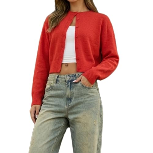 Image of Women Y2K Button Front Crop Sweater Cardigan Solid Color Crew Neck Long Sleeve Knit Fall Tops Streetwear