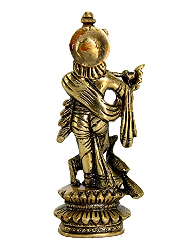 Image of ESPLANADE - Brass Kishan Krishna with Peacock Murti Idol Statue Sculpture - 5 inch inches for Pooja Mandir or Home Decor