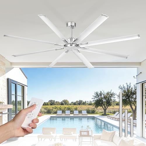Image of 84 Inch Industrial Ceiling Fan Without Light, Brushed Nickel Outdoor Model for Covered Areas, 8 Aluminum Blades, Powerful Airflow, Modern No-Light Design, CF04NBN-84