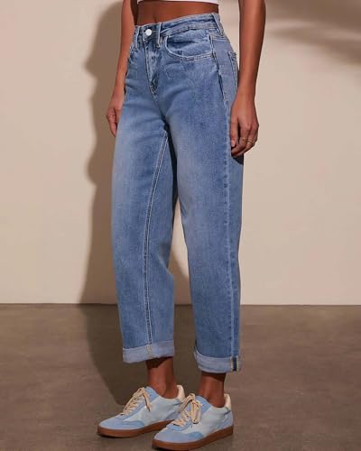 Women's High Waisted Boyfriend Jeans Stretchy Cuffed Hem Straight Leg Denim Pants3