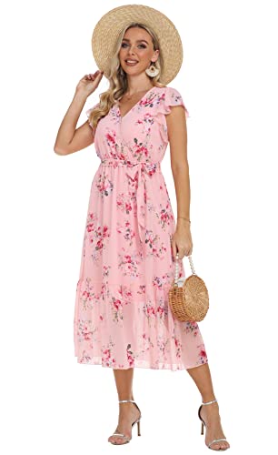 Image of VintageClothing Womens Sundress Casual Floral Summer Boho Dress | Flowy Wrap V Neck Ruffle A-Line Pleated Hem Midi Dresses