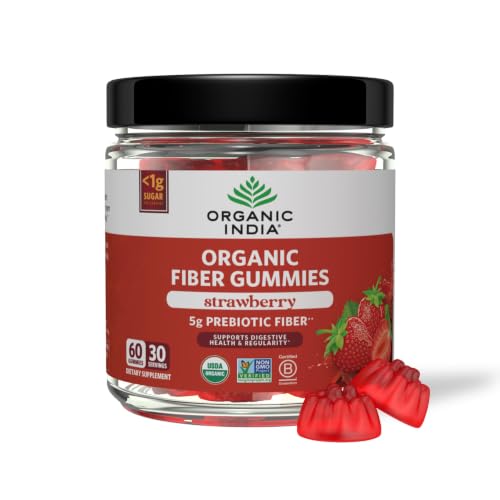 ORGANIC INDIA Fiber Gummies for Adults - Prebiotic Fiber Dietary Supplement Digestive Health for Men & Women Vegan Low Sugar Non-GMO - Strawberry 60 Gummies