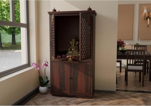 Image of Solid Sheesham Wood Temple for Home & Office /Mandir /God Stand /Pooja Stand /Home Mandap /Mandapam with Cabinet Doors & Multiple Storage (Walnut-2, Large)