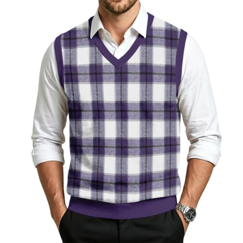 Christmas Sweater Vest Men V Neck Plaid Knit Lightweight Pullover Sweater - image 1